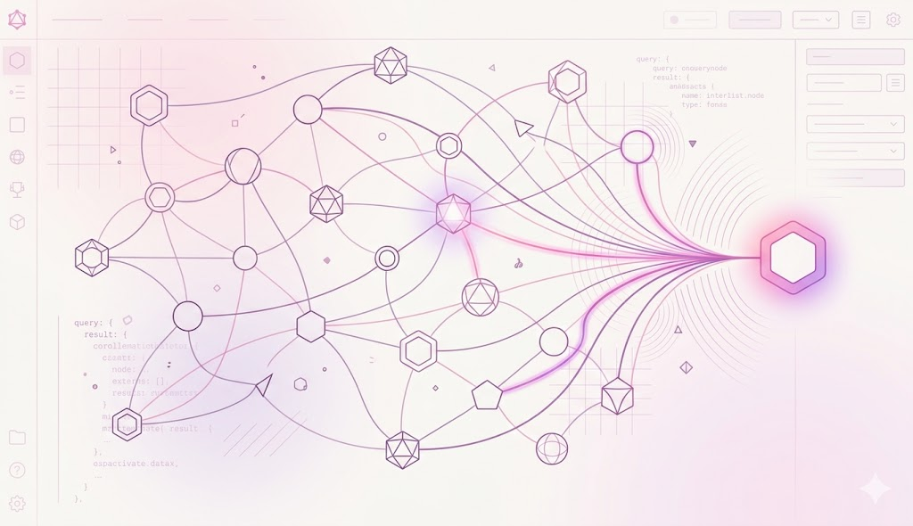 An abstract graph data structure with branching nodes, one path highlighted as a returned query result