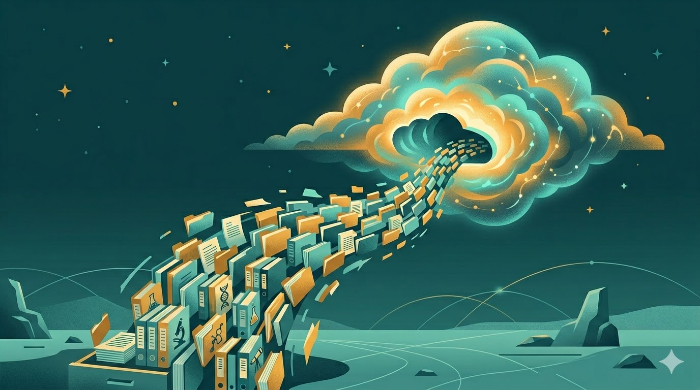 Research files flowing upward into a glowing cloud archive marked with a DOI tag