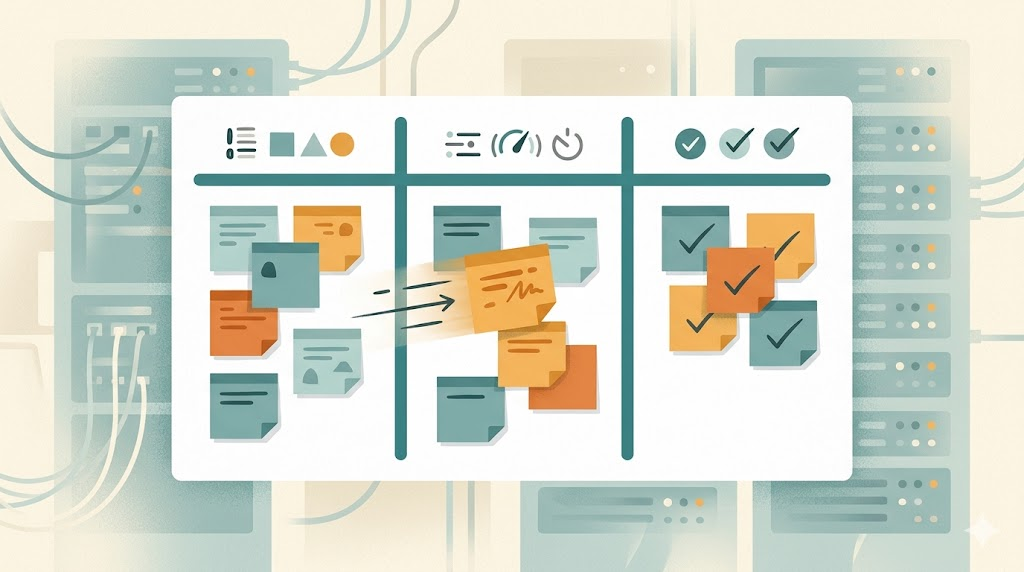A kanban board with three columns, sticky notes moving between them, and faded server racks in the background